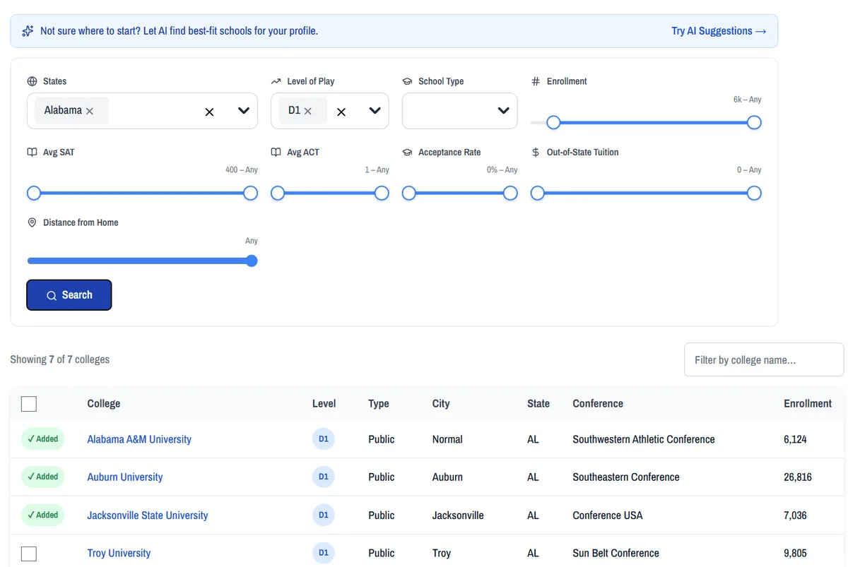 Target finder screen with filters by division, state, school type, and enrollment size